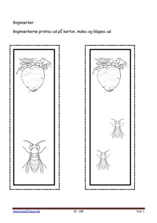 Bogmærker der kan males eller farvelægges, Undervisning i billedkunst og temaerne insekter, skoven.