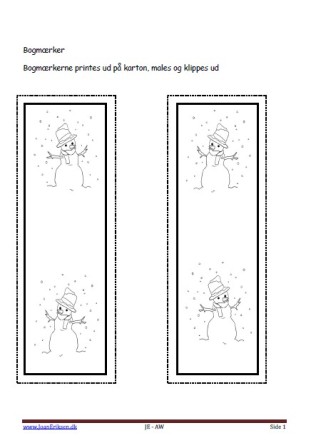 Bogmærker der kan males eller farvelægges, Undervisning i billedkunst og temaerne Vinter, snemand.