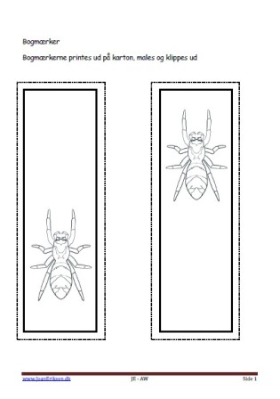 Bogmærker der kan males eller farvelægges, Undervisning i billedkunst og temaerne Krybdyr og smådyr. skoven. Zebreedderkop.