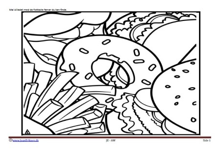 Bogmærker der kan males eller farvelægges, Undervisning i billedkunst og temaerne junkfood, mad