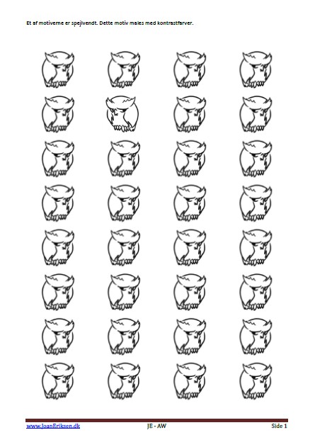 Undervisning i billedkunst. Mal billedet med fokus på den der vender anderledes. Ugle, fugle i skoven.