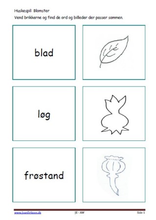 Huskespil, memory til undervisningen i indskolingen og mellemtrinnet. Blomster.