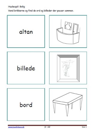 Huskespil, memory til undervisningen i indskolingen og mellemtrinnet. Bolig.