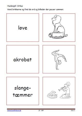 Huskespil, memory til undervisningen i indskolingen og mellemtrinnet. Cirkus.