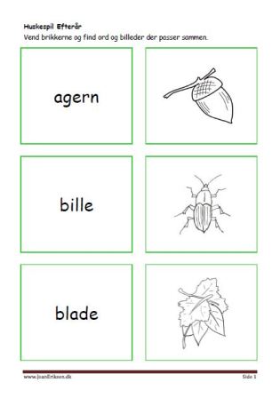 Huskespil, memory til undervisningen i indskolingen og mellemtrinnet. Efterår.