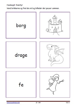 Huskespil, memory til undervisningen i indskolingen og mellemtrinnet. Eventyr.