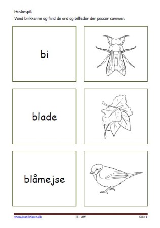Huskespil, memory til undervisningen i indskolingen og mellemtrinnet. Forår.