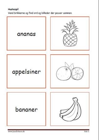 Huskespil, memory til undervisningen i indskolingen og mellemtrinnet. Frugt og grønt.