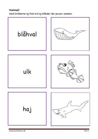 Huskespil, memory til undervisningen i indskolingen og mellemtrinnet. Fisk og havdyr.