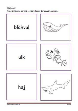 Huskespil, memory til undervisningen i indskolingen og mellemtrinnet. Fisk og havdyr.