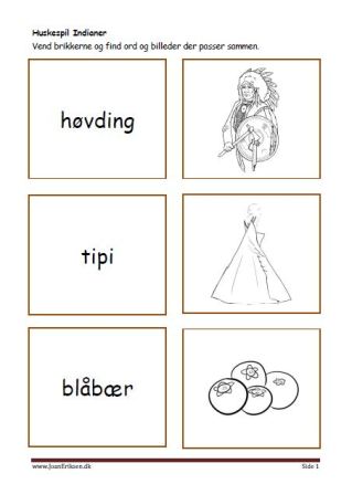 Huskespil, memory til undervisningen i indskolingen og mellemtrinnet. Indianer.