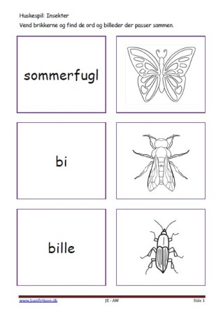 Huskespil, memory til undervisningen i indskolingen og mellemtrinnet. Insekter