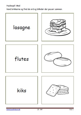 Huskespil, memory til undervisningen i indskolingen og mellemtrinnet. Mad.