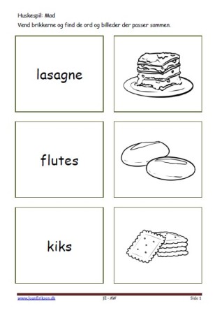 Huskespil, memory til undervisningen i indskolingen og mellemtrinnet. Mad.