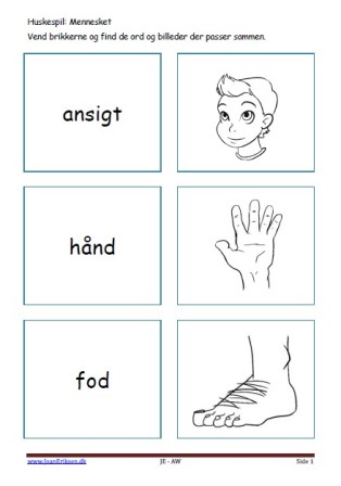 Huskespil, memory til undervisningen i indskolingen og mellemtrinnet. Mennesket.
