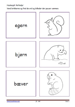 Huskespil, memory til undervisningen i indskolingen og mellemtrinnet. Pattedyr.