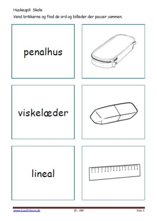 Huskespil, memory til undervisningen i indskolingen og mellemtrinnet. Skole.