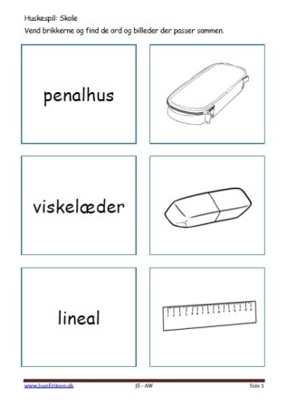 Huskespil, memory til undervisningen i indskolingen og mellemtrinnet. Skole.