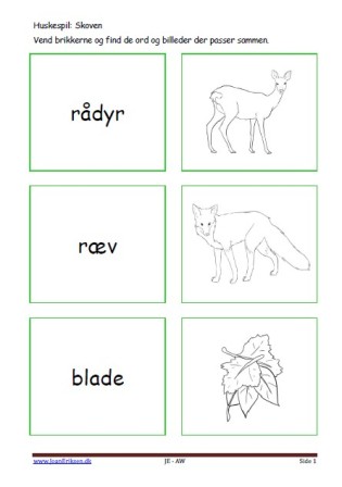 Huskespil, memory til undervisningen i indskolingen og mellemtrinnet. Skoven.