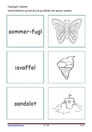 Huskespil, memory til undervisningen i indskolingen og mellemtrinnet. Sommer.