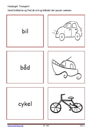 Huskespil, memory til undervisningen i indskolingen og mellemtrinnet. Transport.