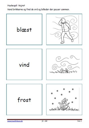 Huskespil, memory til undervisningen i indskolingen og mellemtrinnet. Vejret.