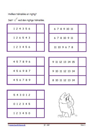 Sæt kryds ved den rigtige talrække. Elevopgave til matematikundervisning i talrækken.