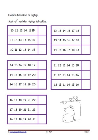 Sæt kryds ved den rigtige talrække. Elevopgave til matematikundervisning i talrækken.