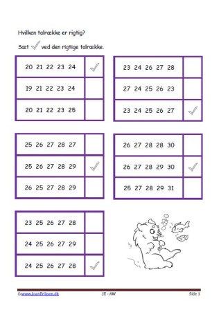 Sæt kryds ved den rigtige talrække. Elevopgave til matematikundervisning i talrækken.