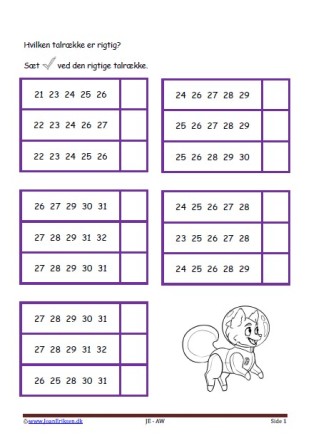 Sæt kryds ved den rigtige talrække. Elevopgave til matematikundervisning i talrækken.