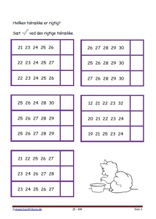 Sæt kryds ved den rigtige talrække. Elevopgave til matematikundervisning i talrækken.