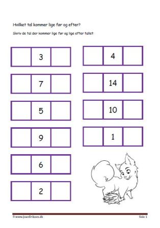 Hvilket tal før og efter. Elevopgave med taltræning til matematikundervisningen.