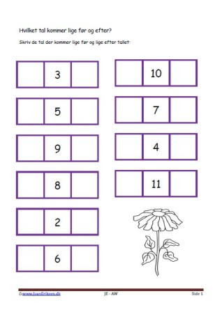 Hvilket tal før og efter. Elevopgave med taltræning til matematikundervisningen.