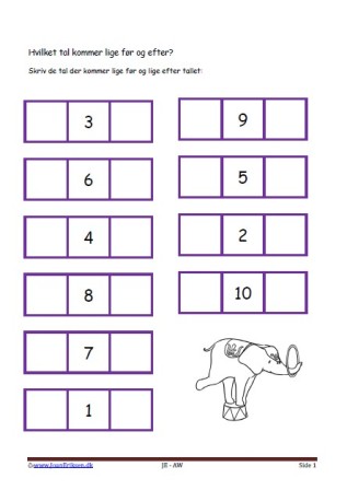 Hvilket tal før og efter. Elevopgave med taltræning til matematikundervisningen.