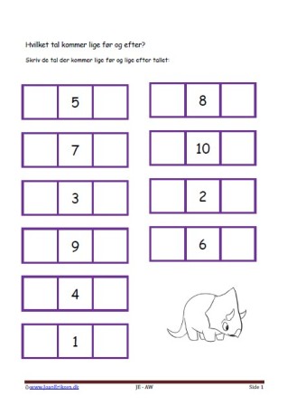 Hvilket tal før og efter. Elevopgave med taltræning til matematikundervisningen.