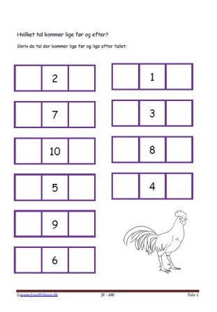 Hvilket tal før og efter. Elevopgave med taltræning til matematikundervisningen.