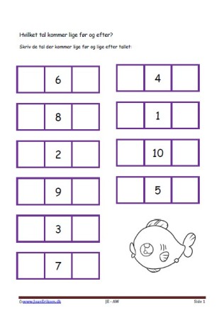 Hvilket tal før og efter. Elevopgave med taltræning til matematikundervisningen.