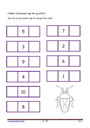 Hvilket tal før og efter. Elevopgave med taltræning til matematikundervisningen.