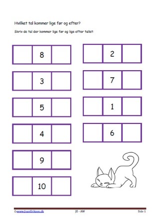 Hvilket tal før og efter. Elevopgave med taltræning til matematikundervisningen.