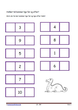 Hvilket tal før og efter. Elevopgave med taltræning til matematikundervisningen.