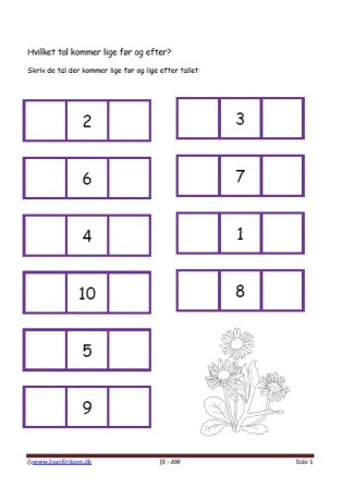 Hvilket tal før og efter. Elevopgave med taltræning til matematikundervisningen.