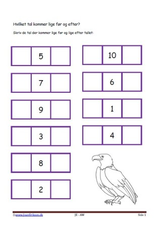 Hvilket tal før og efter. Elevopgave med taltræning til matematikundervisningen.