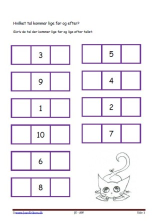 Hvilket tal før og efter. Elevopgave med taltræning til matematikundervisningen.