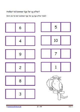 Hvilket tal før og efter. Elevopgave med taltræning til matematikundervisningen.