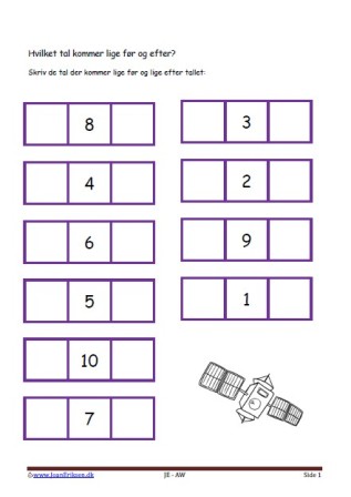 Hvilket tal før og efter. Elevopgave med taltræning til matematikundervisningen.