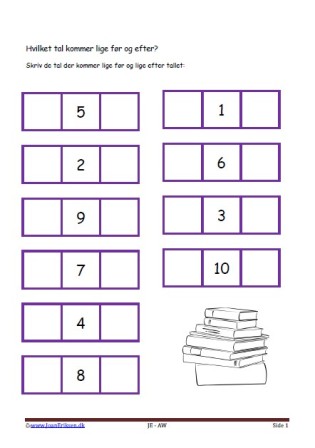 Hvilket tal før og efter. Elevopgave med taltræning til matematikundervisningen.