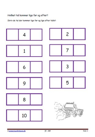 Hvilket tal før og efter. Elevopgave med taltræning til matematikundervisningen.