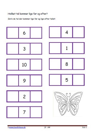 Hvilket tal før og efter. Elevopgave med taltræning til matematikundervisningen.