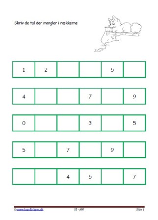 Skriv de tal der mangler. Elevopgave til matematikundervisning i talrækken.