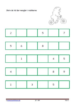 Skriv de tal der mangler. Elevopgave til matematikundervisning i talrækken.